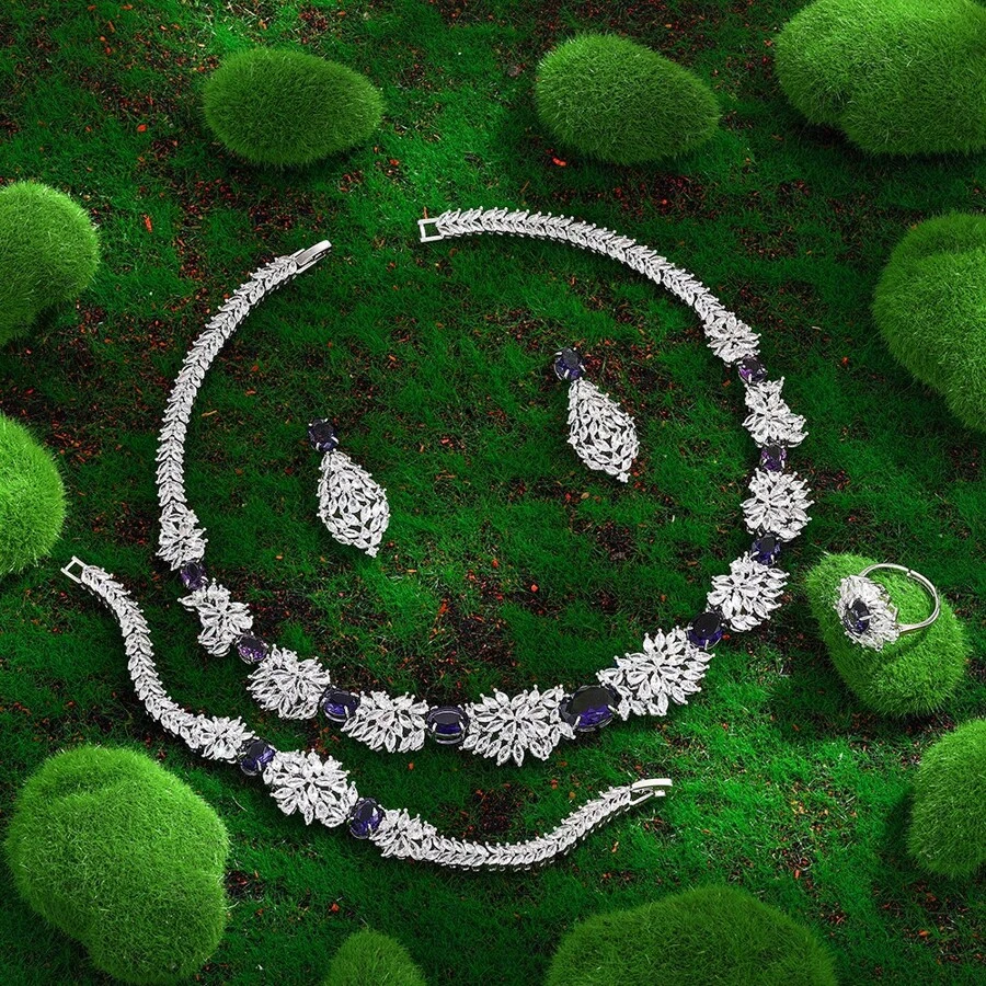 Luxury Turquoise Cubic Zirconia Jewelry Set Arab Bridal 4 Pieces Jewelry Set CZ Crystal Wedding Accessories Party Gift