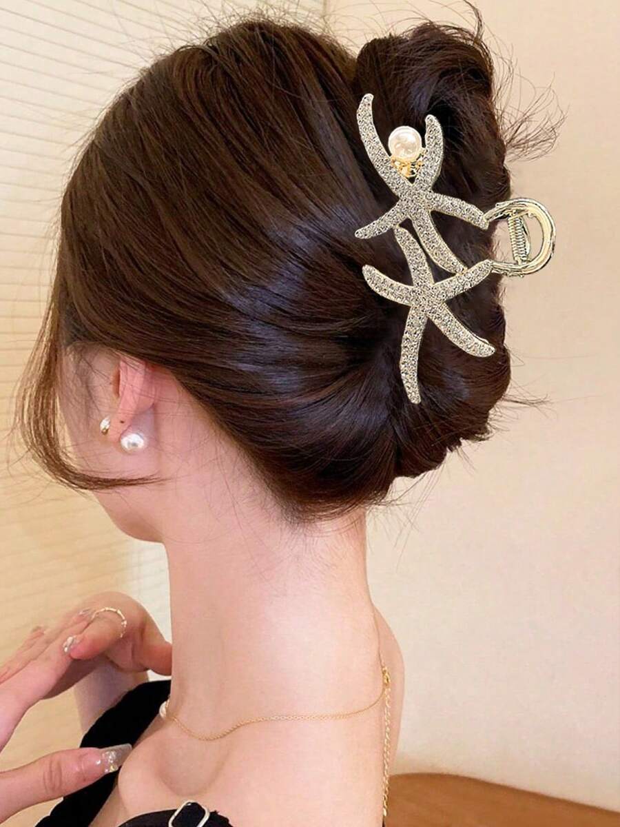 1pc Oversized Sparkling Crystal Pearl Starfish Hair Claw Clip, Ladies Elegant Hair Claw For Everyday Hairstyle, High-End Luxurious Sophisticated Hair Accessory Hair Clips Hair Jaw Clip Hair Clamps Hair Clutch Hair Catcher Clip