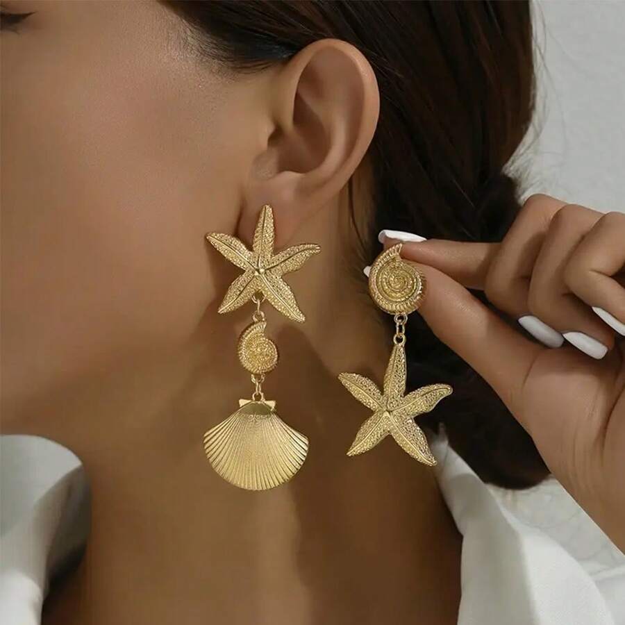 Pendientes colgantes con borlas, conchas metálicas retro exageradas y estrellas de mar para mujeres