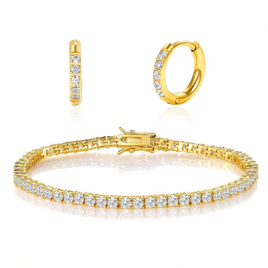 MDFUN Pulseira de tênis Brincos Conjuntos de joias 18K banhado a ouro 3mm zircônia cúbica redonda Pulseira de tênis e 8mm Aço inoxidável Pequeno Conjunto de brincos de argola para mulheres Homens