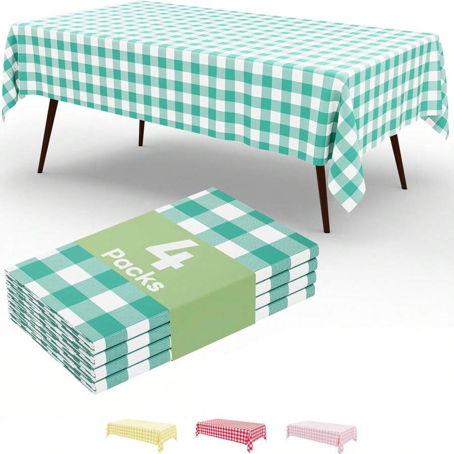 2/4pcs Yellow & Gold Color Disposable Plastic Tablecloth, Yellow & White Plaid Background, 54" X 108", Suitable For Birthday Party, Outdoor Dinner, Holiday Party Decoration