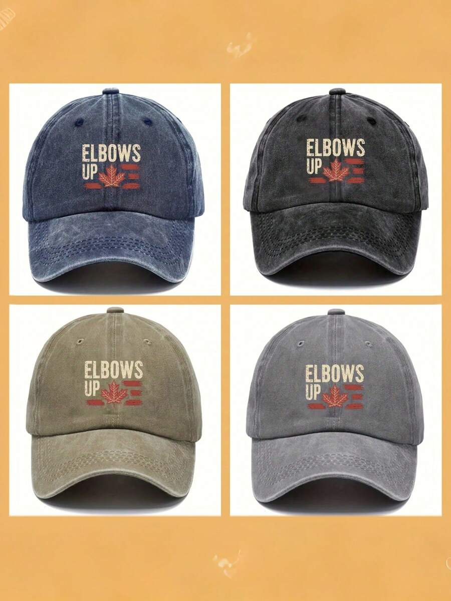 1pc Vintage Washed "Elbows Up" Maple Leaf Pattern Baseball Cap - Unisex, Sun Protection Hat, Adjustable Size, Distressed Look, Casual Outdoor Sports Cap, Suitable For All Seasons, Great Gift For Family And Friends