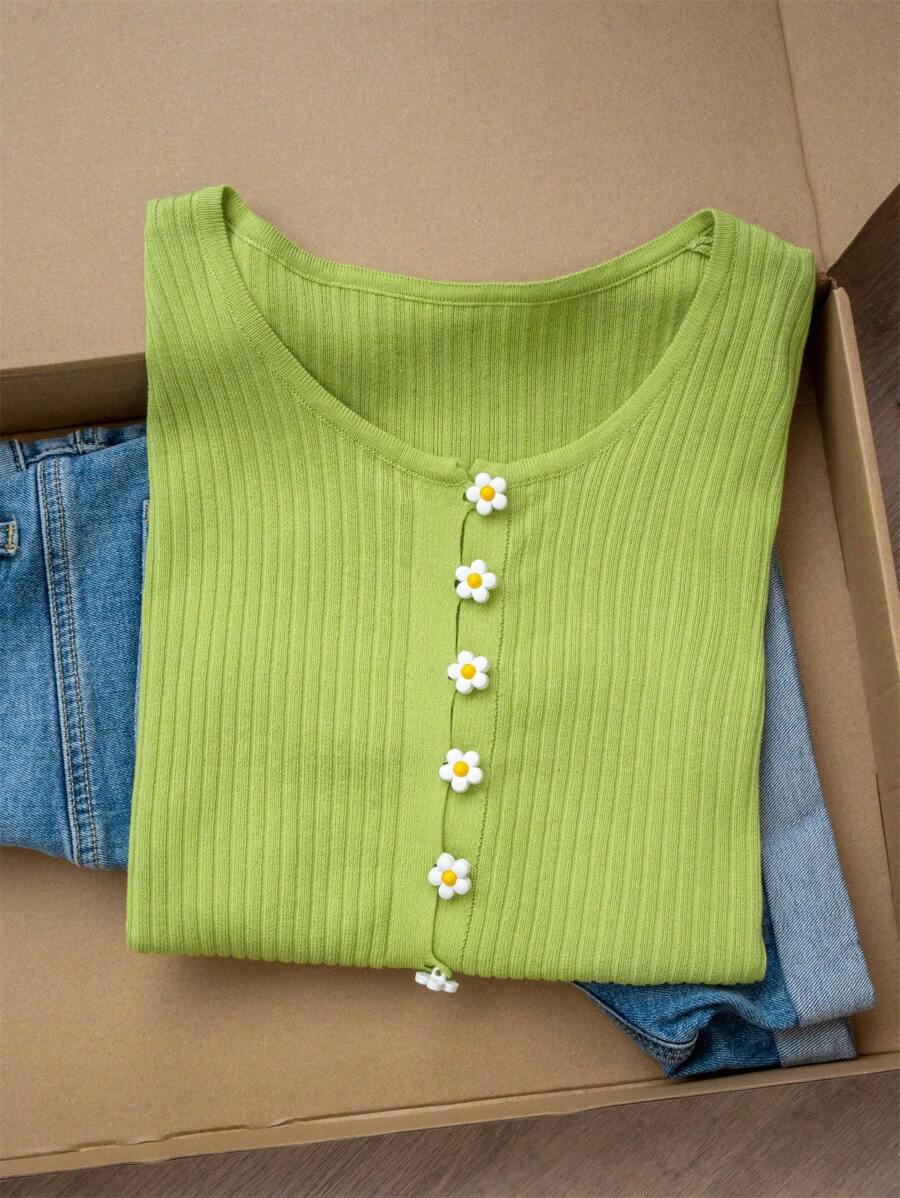 Floral Button Short Sleeve Cardigan Sweater For Women, Avocado Green Round Neck Fitted Elegant Blouse For Summer