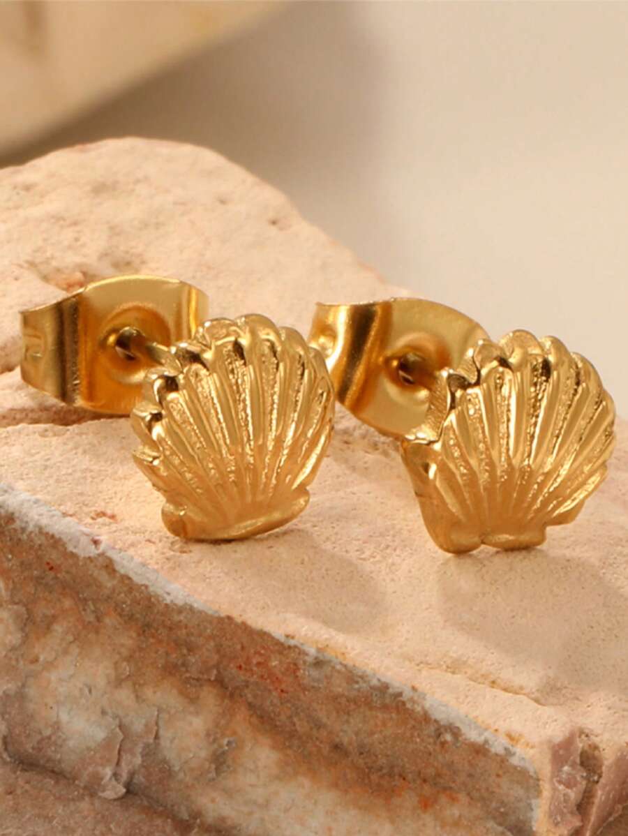 1 par de aretes con diseño de conchas simples de moda, de acero inoxidable en color dorado/plateado, para mujer y niña, a juego con el diario, resistentes a las alergias