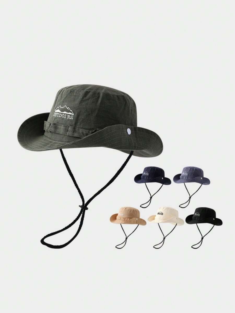 1pc Bucket Hat With Mountain & Western Cowboy Embroidery, Drawstring And Sun Protection For Outdoor ActivitiesMen's Sun Hat Summer Hat, Suitable For Summer Outdoor Activities Such As Hiking And Fishing