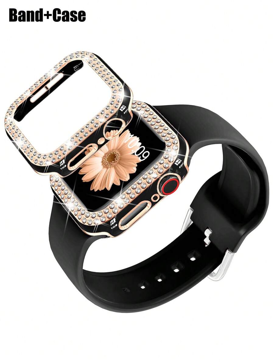 2pcs/Set Women Soft Silicone Sport Watch Strap Comfortable Adjustable Waterproof Wristband & Rhinestone Decor Glamorous Hollowed Out Anti-Fall Protective Case, Compatible With Apple Watch Band 40/41/42/44/45/46/49mm, Compatible With Apple Watch Series Ultra/SE/10/9/8/7/6/5/4, Intelligent Watch Accessories