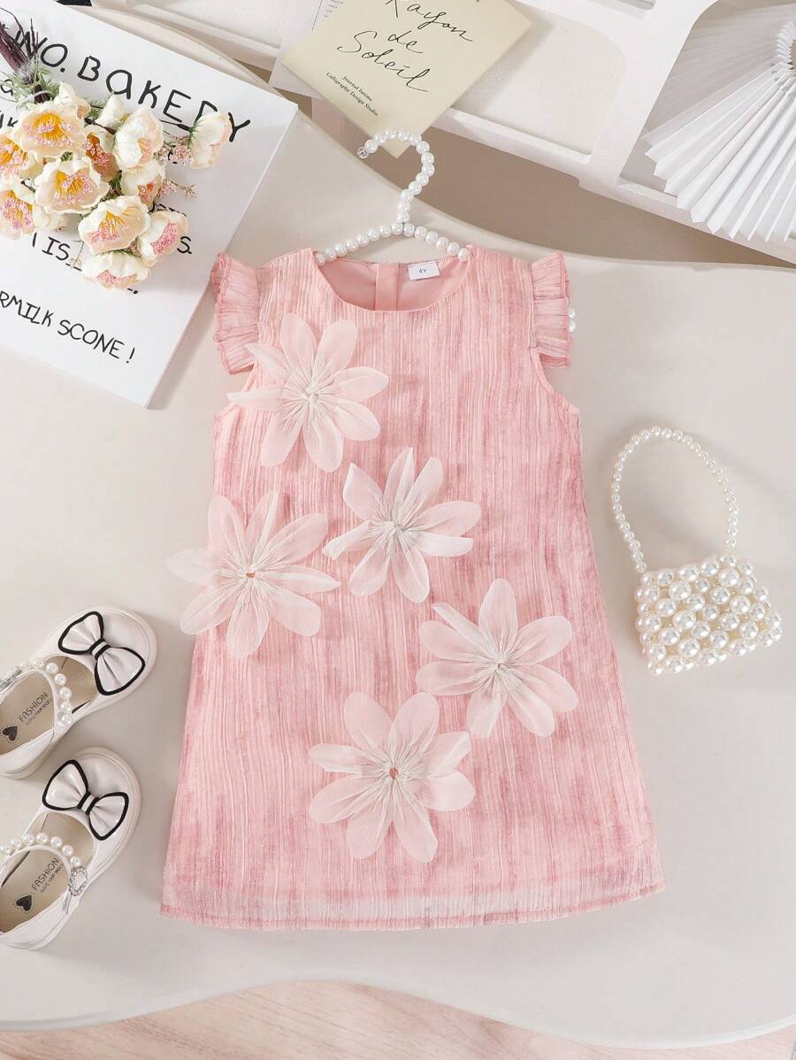 Young Girl Fashionable Socialite Pink Cap Sleeve Mesh Floral Dress, Suitable For Party, Commute, Beach, School, Photoshoot, Everyday Wear, Summer