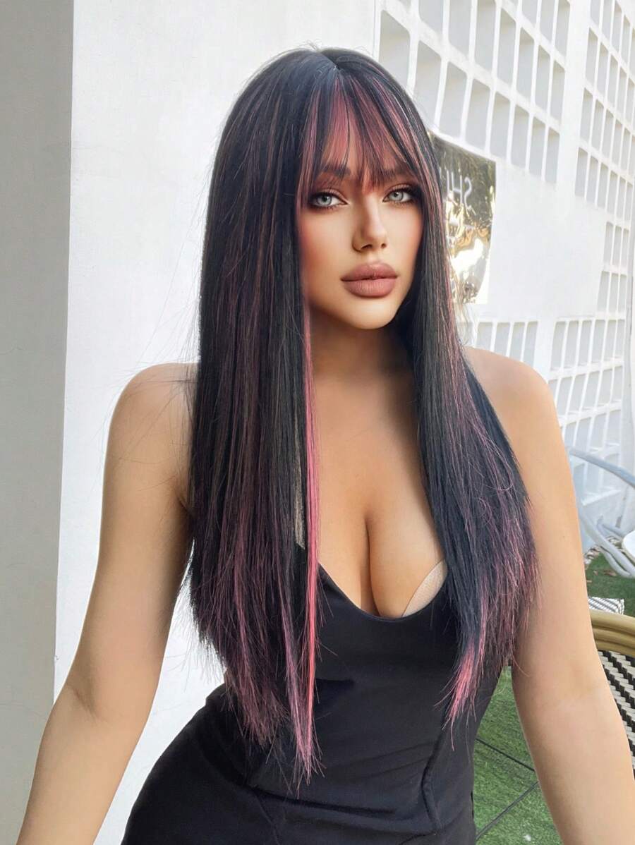 1-Piece Synthetic Heat-Resistant Black-Brown Ombre With Multicolor Highlights 24 Inches Long Fully Machine-Woven Natural And Realistic Long Curly Wig With Bangs.
