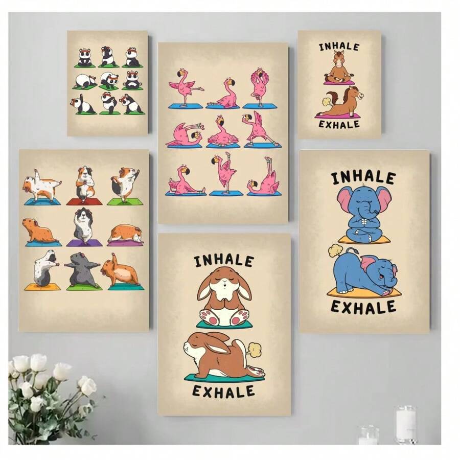 1pc Frameless Yoga Cartoon Cute Animal Rabbit Dog Elephant Art Posters Vintage Painting Printing Wall Arts Modern Minimalist Club Gym Living Room Bedroom Dormitory Wall Decoration Home Wall Decoration Aesthetics Daycare Children's Room Kawaii Pictutor ,Wall Art With Frame