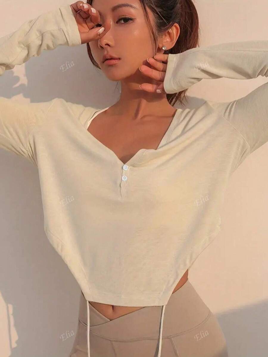 Solid Color V-Neck Long Sleeve Tie Front Fashionable T-Shirt