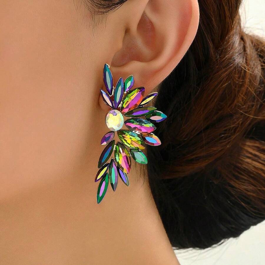 1 par de llamativos y lujosos pendientes con forma de ala de cristal de colores para mujeres