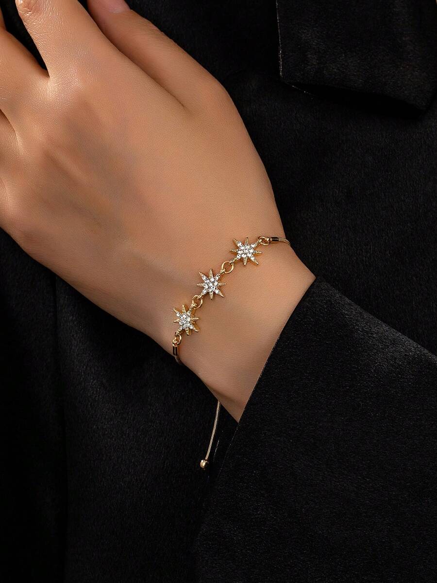 1pc Elegant Sparkling Gold-Tone Star Adjustable Bracelet For Women, Great For Vacation And Gifting