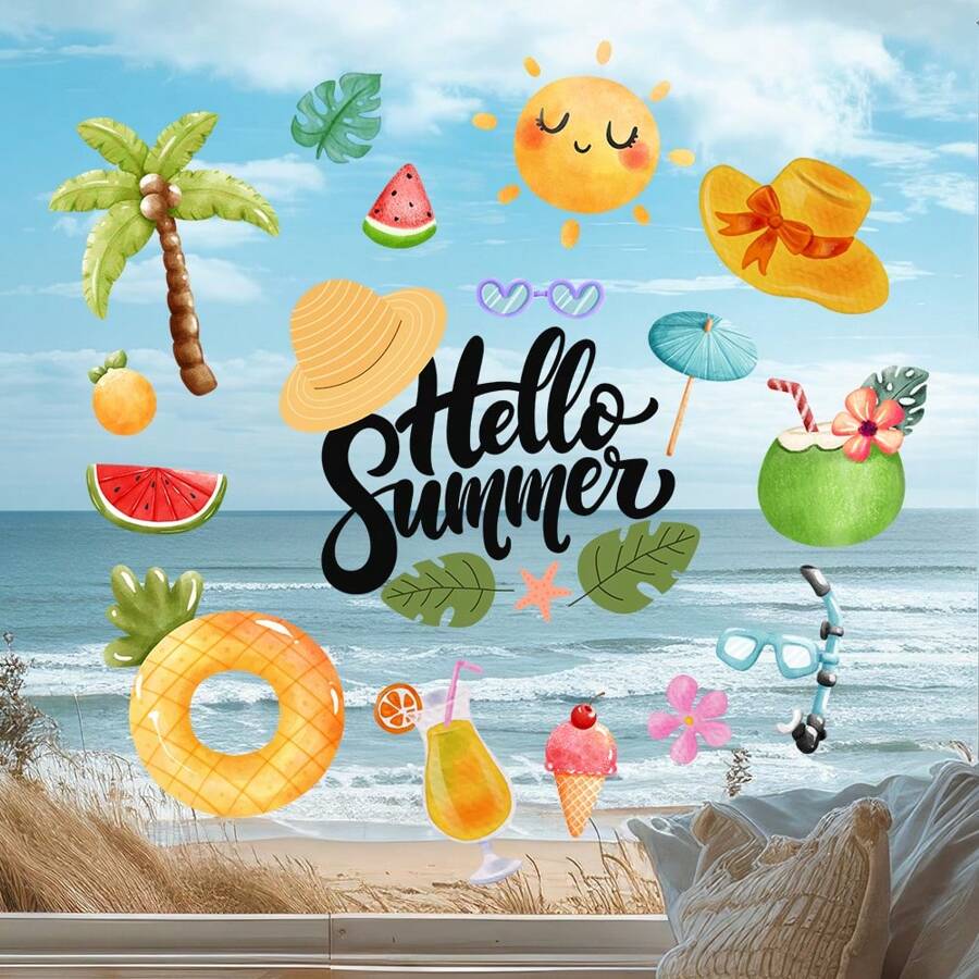 1pc Summer English Beach Party Fruit Print Static Sticker Room Decor Home Decor Stickers Wall Decor