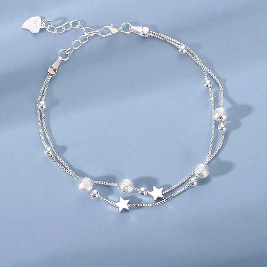 Pulseiras de Prata 925 com Contas de Estrela de Luxo para Mulheres, Pulseira Ajustável de Designer Original com Camadas Duplas, Joia de Festa