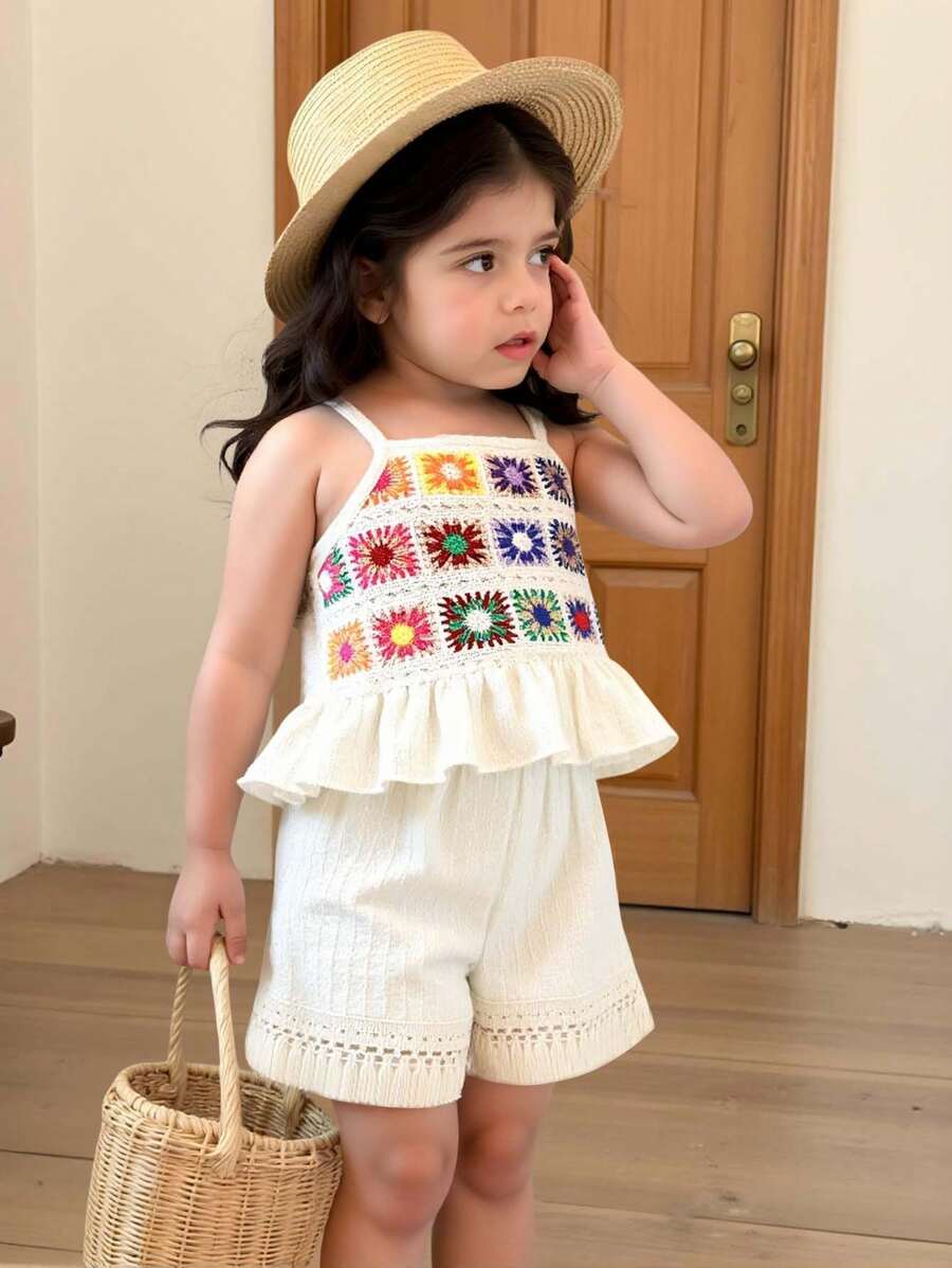 Set de 2 piezas de top de tirantes y shorts a rayas con volantes y coloridos, adecuado para exteriores, uso diario, casual y vacaciones en verano para niña joven