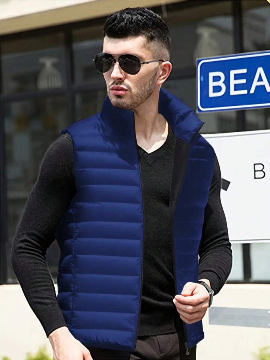 1 pieza Chaqueta sin mangas con cuello alto para hombre, cálida y de moda, versátil para otoño/invierno