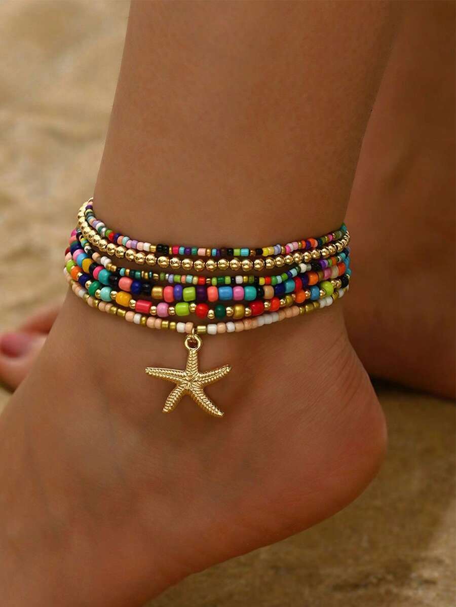 Tobillera con colgante de estrella de mar estilo bohemio-chic con cuentas de arroz de colores - Joyería vintage de playa multicapa de aleación, regalo perfecto para ella