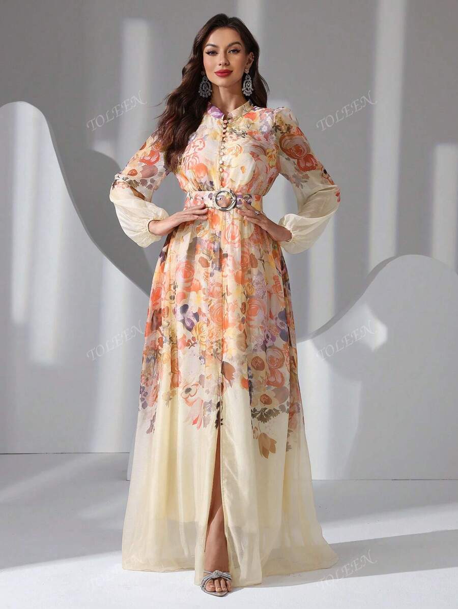 Women's Lantern Sleeve Elegant Floral Print Random Cut Arabic Style Dress