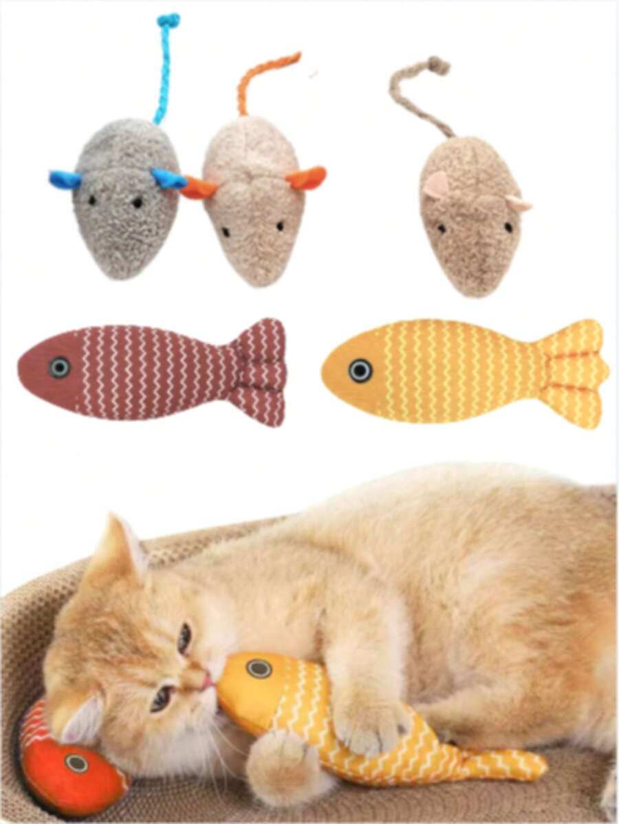 1/3/5PCS Cat Chew Toys, Simulated Plush Mice And Simulated Fish, Containing Catnip To Attract Cats To Play Quietly Without Disturbing People, Excellent Material, Strong And Durable, Suitable For Cats To Play Indoors