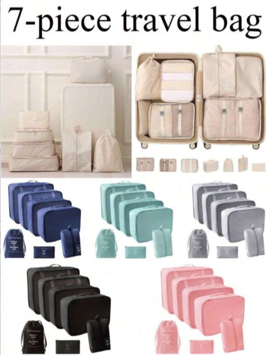 7/8 pièces Ensemble d'organisateur de voyage - Sacs de rangement multifonctionnels, sac à pinceaux de maquillage, sac à cosmétiques, sac à produits de soins de la peau, sac à vêtements, sacs à fermeture éclair, sac fourre-tout, sac à mailles, sac à chaussures, sac à bouteille, sac à cordon, sac général, sac à lingerie, organiseur de bagage, organiseur de bijoux, trousse de toilette. Grande capacité, portable, maille, gain de place, convient au rangement des vêtements, pantalons, sous-vêtements, cosmétiques, articles de toilette, chaussures, nécessités quotidiennes, organisation des voyages