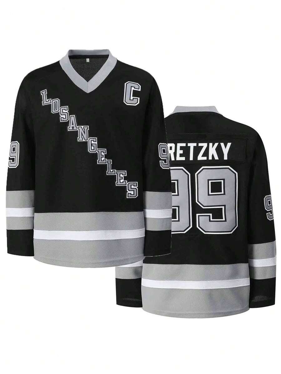 Atonmore Boyfriend Style Men's No.99 Black Hockey Jersey With Embroidered Stitching, Breathable Pullover