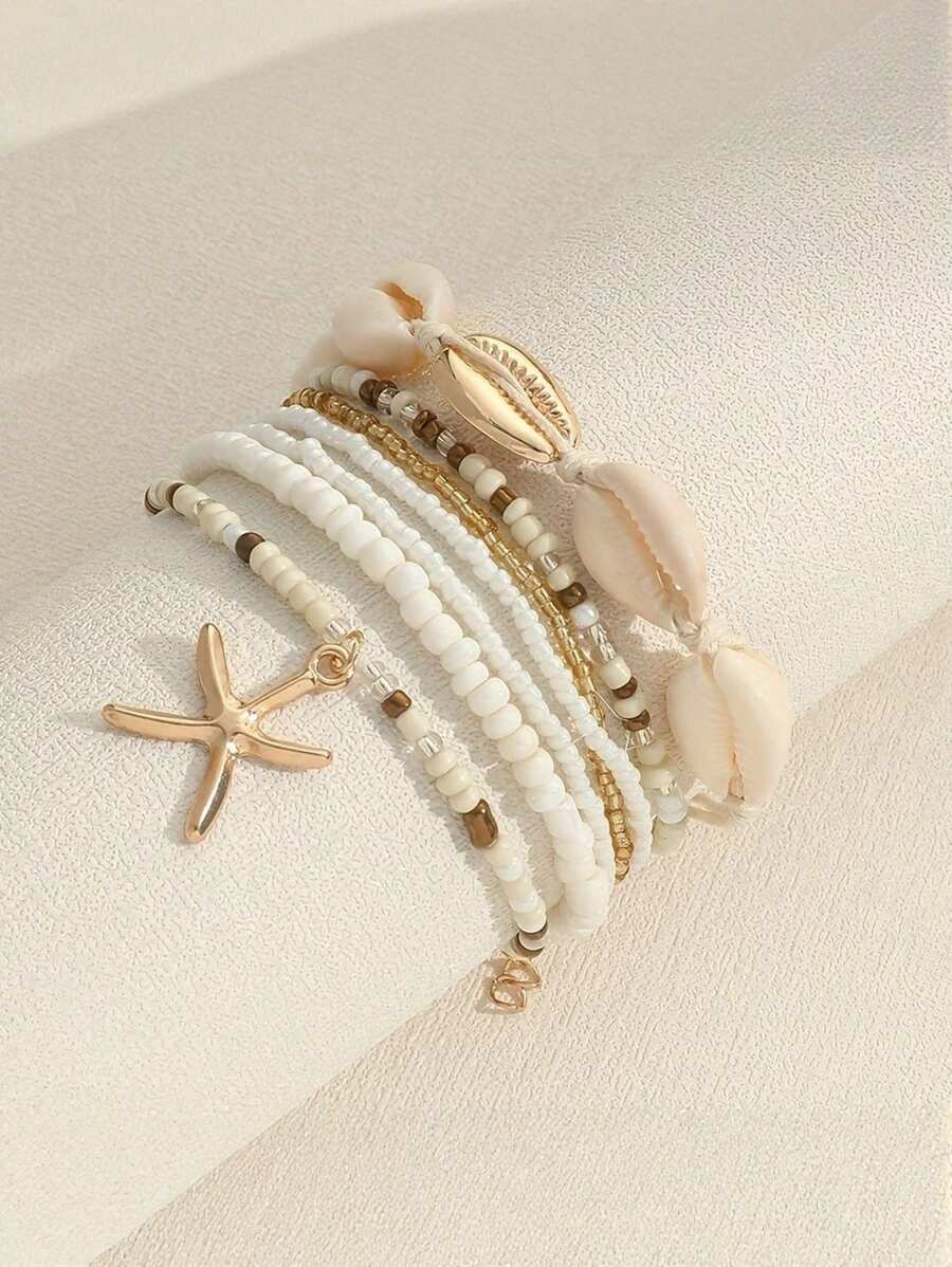 Style bohème 7 pièces bracelet de perles étoile de mer et coquillage - fait main, parfait pour les vacances ou la décoration décontractée