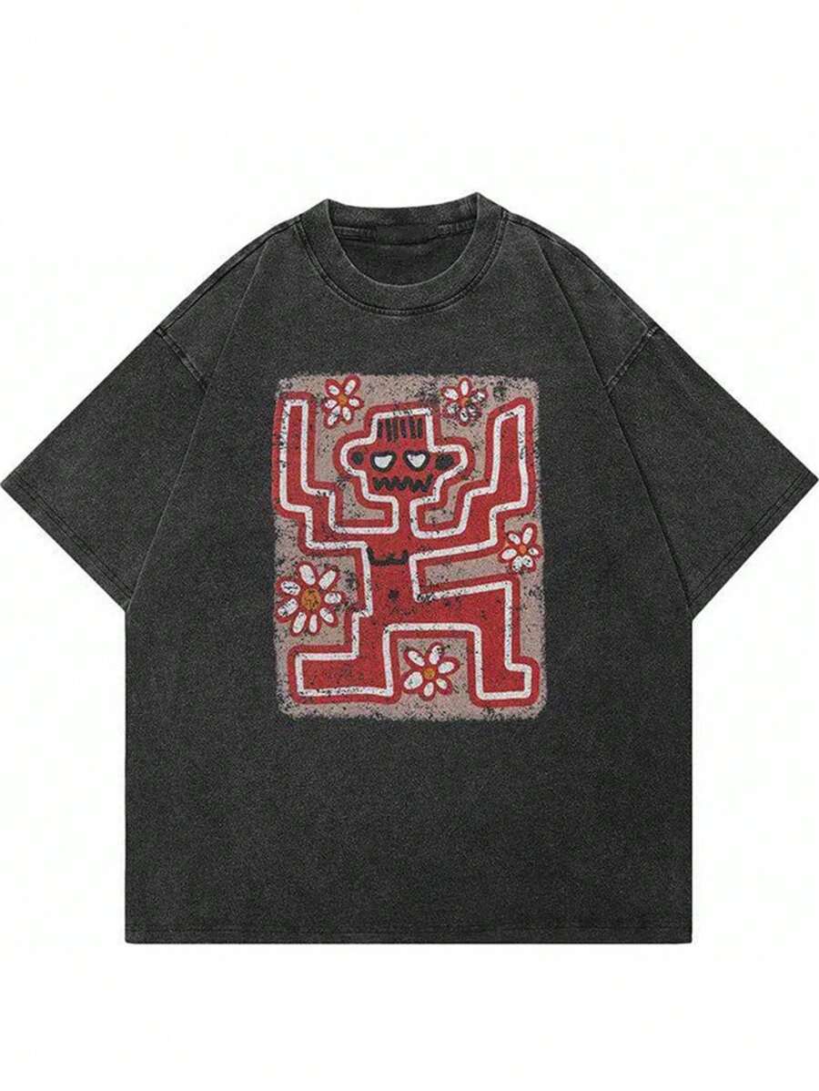 A Black Washed And Stir-Fried Snowflake 230g Cotton T-Shirt, "DAN DA DAN" Red Three-Dimensional Letter Print, Dark Style Y2K Style