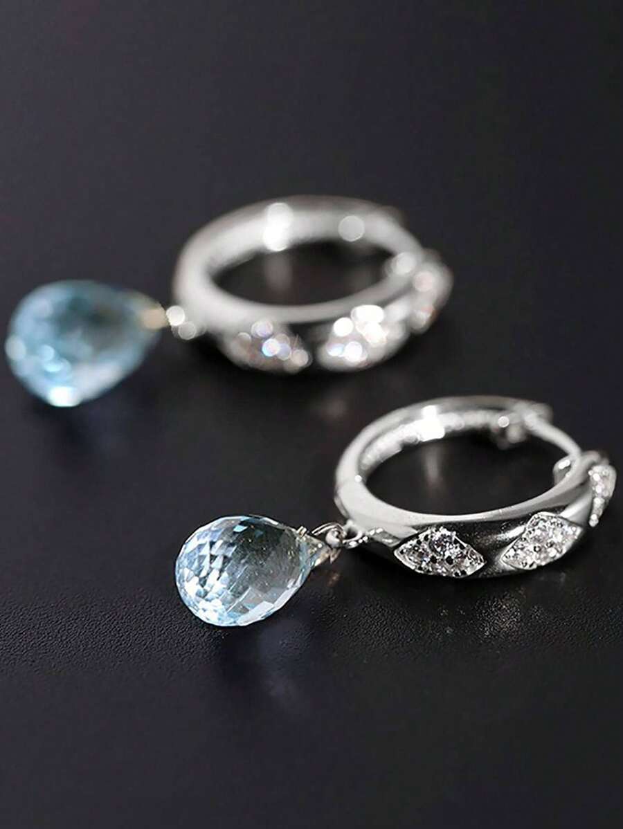 1 pieza Pendientes de gota de cristal azul falso con baño de plata, diseño original, joyería elegante y lujosa adecuada para damas, uso diario, vacaciones, fiestas, regalo sorpresa para la novia