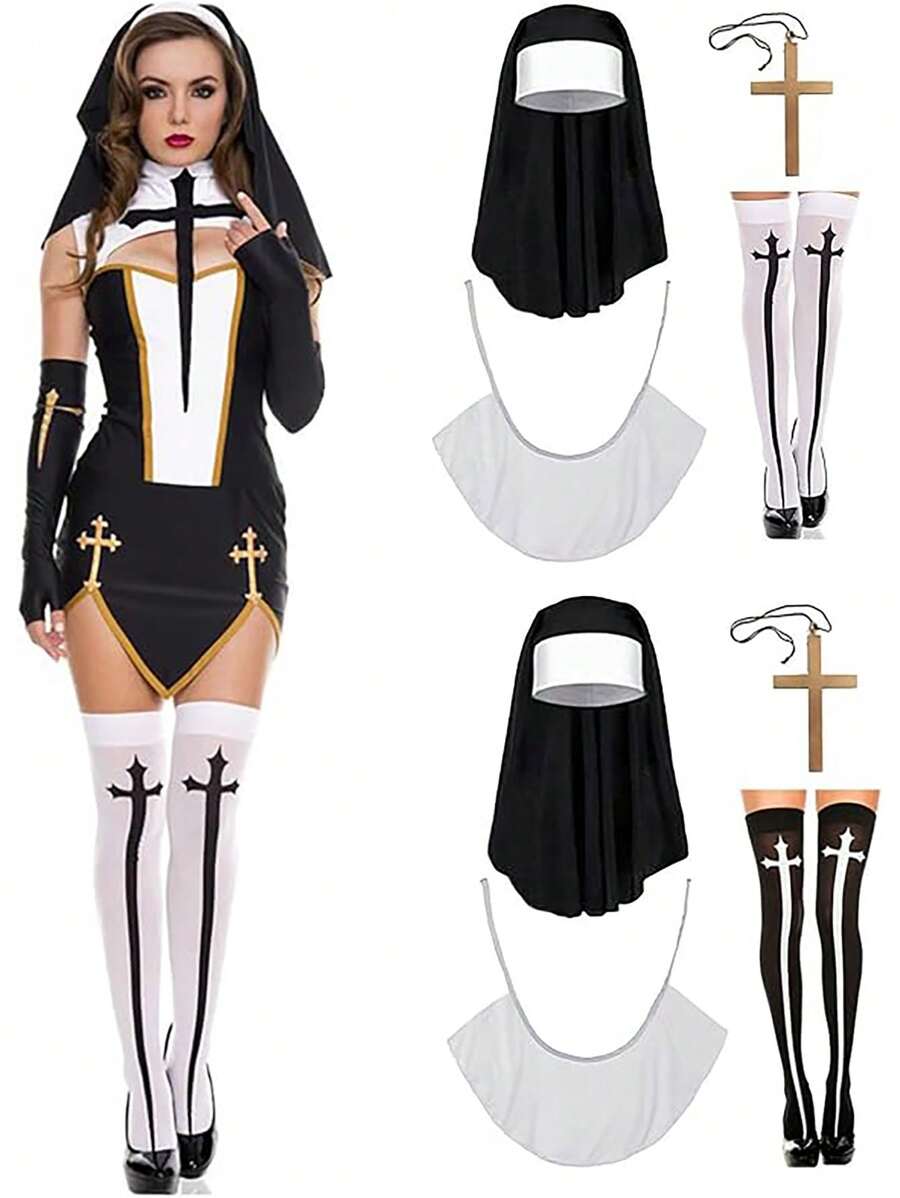 4pcs Nun Costume Accessory Set - Nun Costumes Include Headbands, Collars, Cross Necklaces And Women's Socks - Suitable For Women, Role-Playing Parties And Themed Party Balls