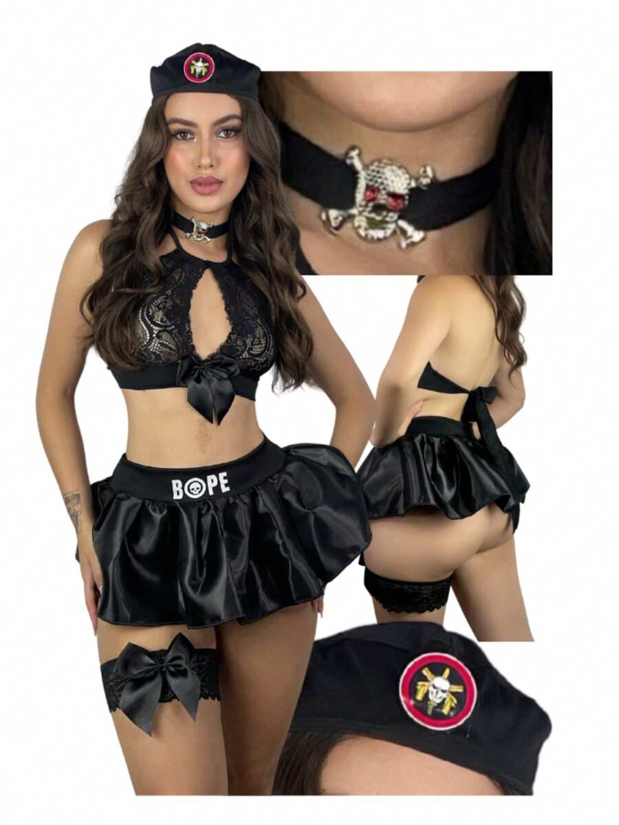 Fantasia Sexy luxo BOPE SENSUAL CETIM Conjunto Langerie Policial saia Cropped calcinha fio chocker completa