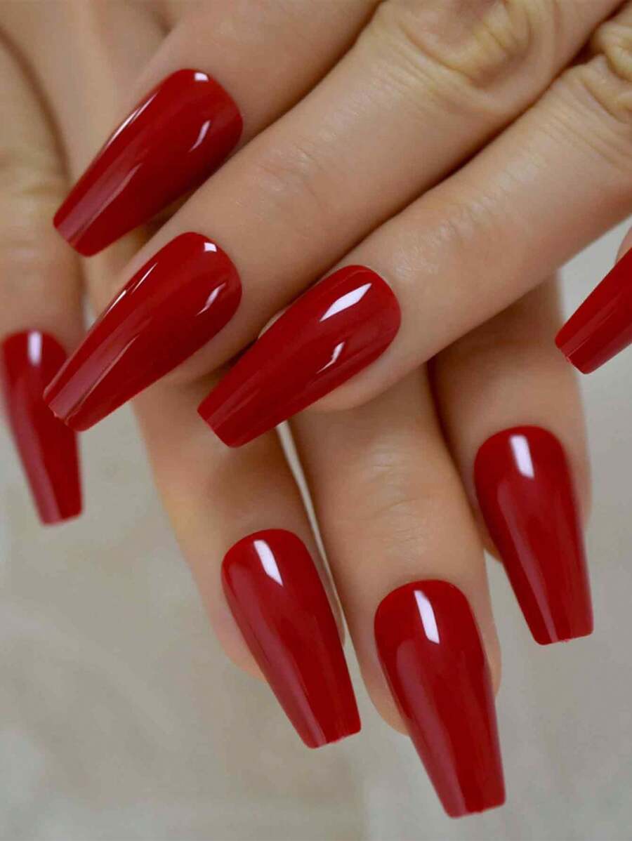 24pcs Glossy Solid Color Medium Coffin Ballet Fingernails Press On Nails Fake Nails Art For Outdoor Travel With Tools Bag