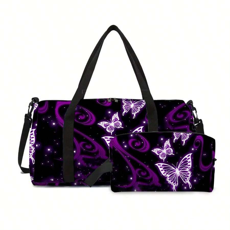Lila Schmetterling bedruckter Reisetasche + Make-up Tasche Zwei-Teile-Set Tasche für Schule, Schul-Accessoires, Schulsachen