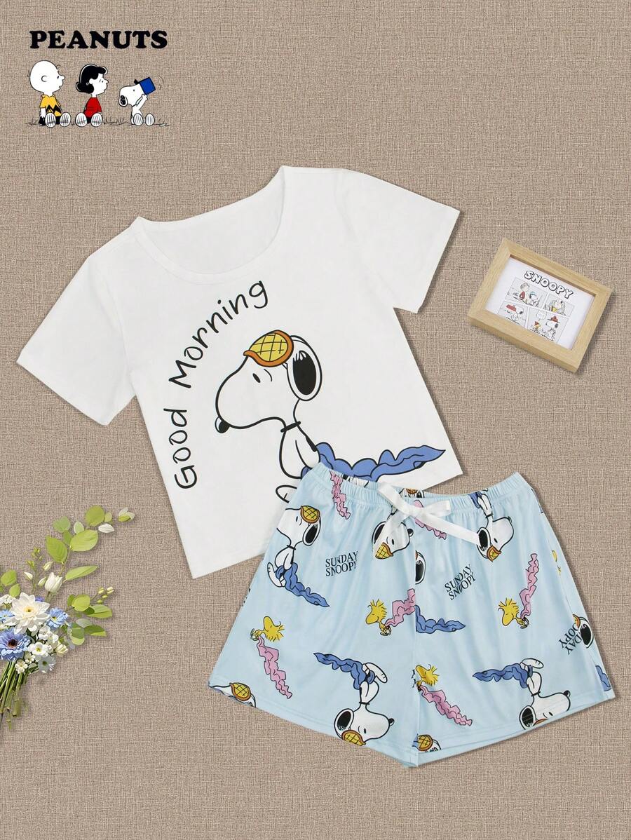 SNOOPY Conjunto autorizado de 2 piezas PEANUTS Snoopy, con top de manga corta con cuello redondo estampado con Snoopy y shorts para mujer