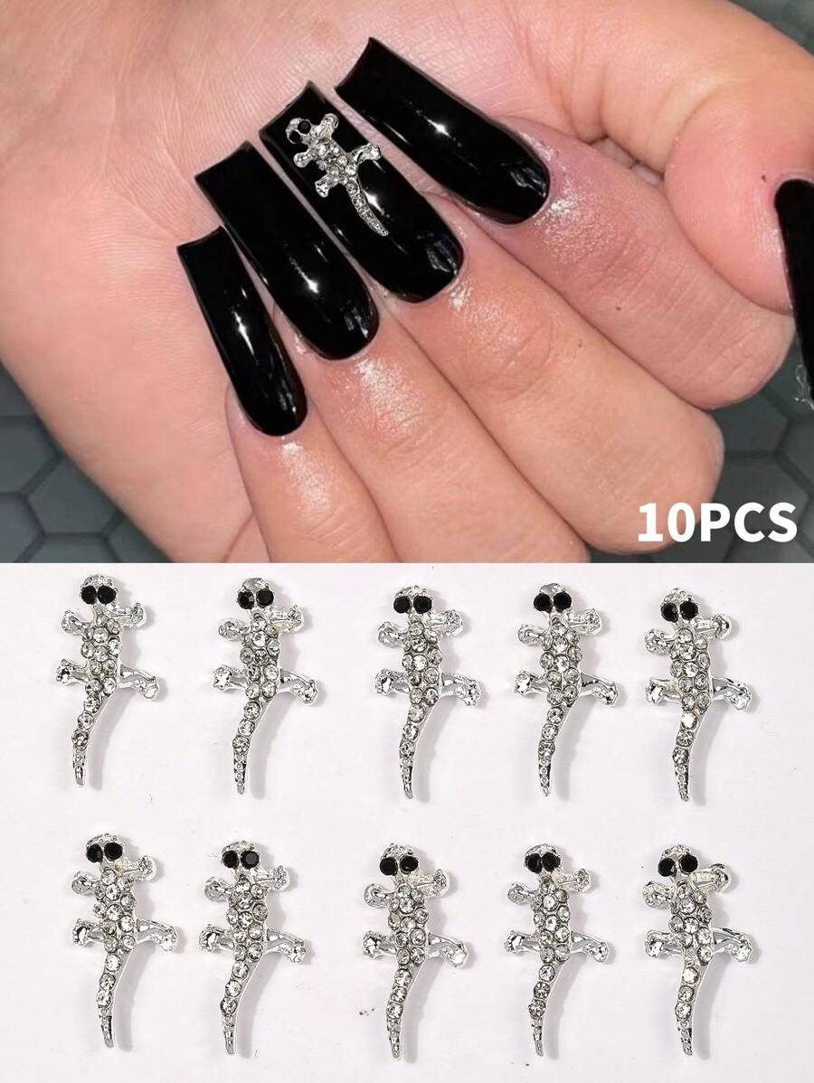 10 Pieces Of Nail Art Accessories, Alloy Rhinestones Rhine River Diamond Shiny Three-Dimensional Nail Art Pendant, Animal Silver Solid Color DIY Art Decoration