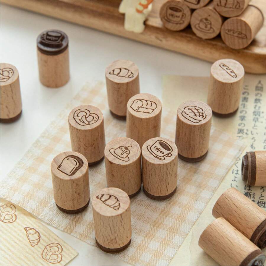 1pc Beechwood Stamp With Handdrawn Cute Designs, Versatile For Decorating Journals, Suitable For School And Office Stamps,Back To School,School Supplies