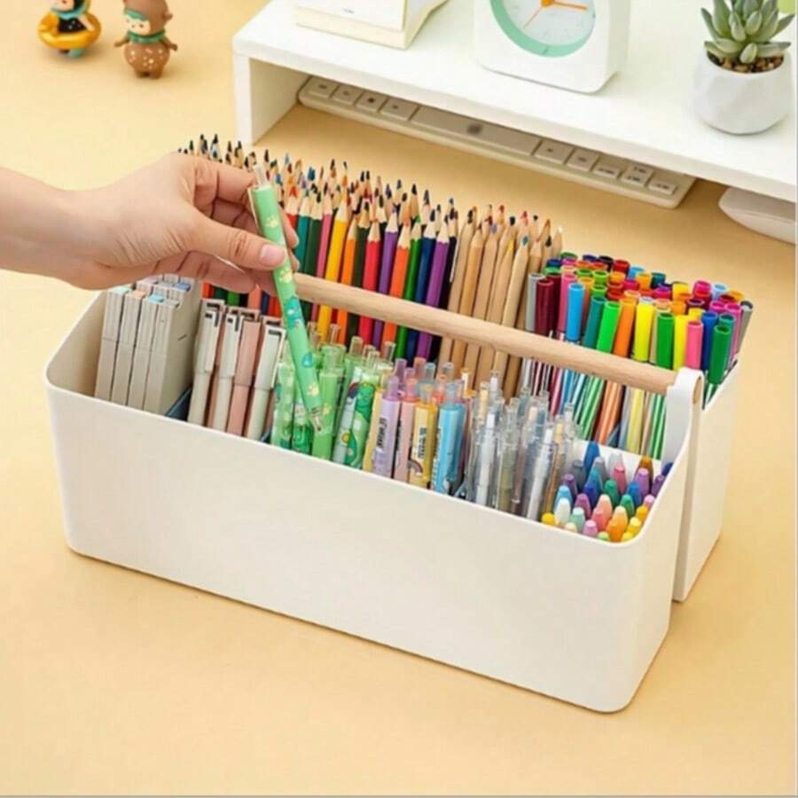 Large White Plastic Storage Box With Adjustable Dividers, Carry Handles And Stand - Portable Organizer Box For Art Supplies, Crafts, Colored Pencils And Cosmetics - Craft Essentials, Light Yellow Material