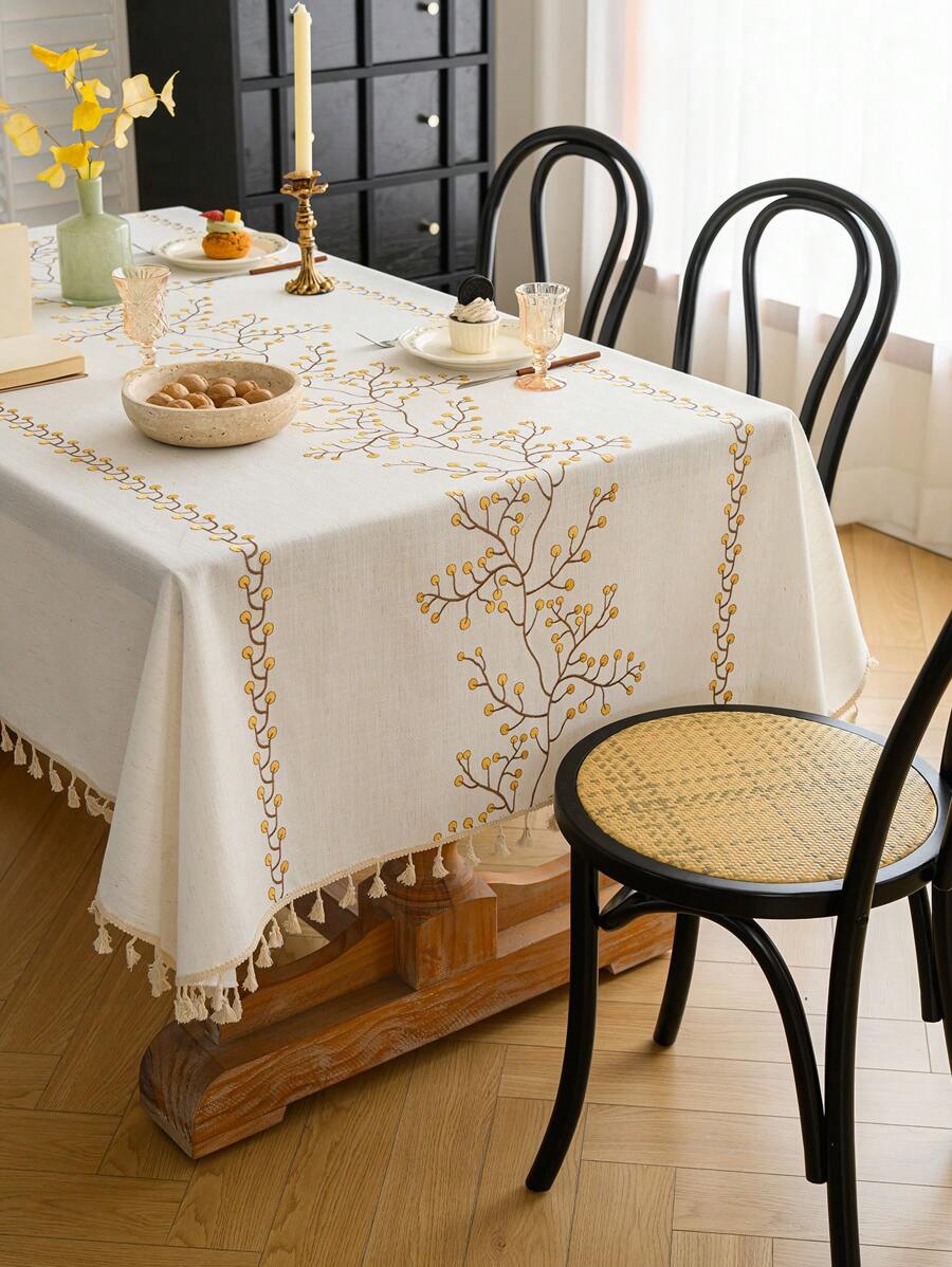 1 pièce Nappe rectangulaire imperméable, multi-tailles pour toutes les saisons, motif à broderie florale, style frais, convient pour salon, salle à manger, décoration de la maison