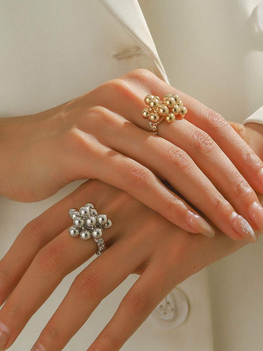 Bague décorative en métal avec boule creuse, accessoire élégant et à la mode pour femme