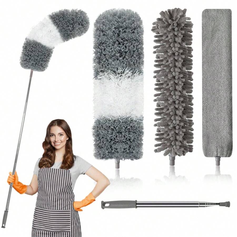 Microfiber Duster, 4PCS With Extension Pole(Stainless Steel) 30 To 100 Inches, Reusable Bendable Dusters, Washable Lightweight Dusters For Cleaning Ceiling Fan, High Ceiling, Blinds, Furniture, Cars