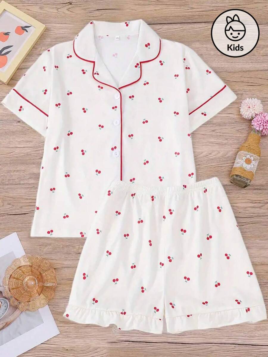2 piezas Conjunto de pijama de manga corta para niños, nuevo estilo de verano cárdigan abierto con estampado de cerezas abstractas y lindas para niñas ropa de dormir y de estar por casa, adecuado para niñas