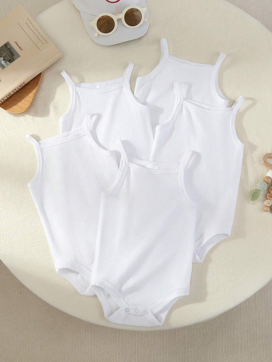 Set de 5 piezas de mamelucos para bebés, monos lindos blancos para bebé/niña con tirantes