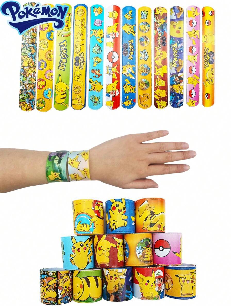 pokemon 1/12pcs Cartoon Slap Bracelet, 12 Unique Designs, Fun Party Favors And Holiday Decorations, Perfect For Birthday Parties, Events And Celebrations, Colorful Slap Bracelet With Cute Patterns, Suitable For All Ages Birthday Gift Toy,