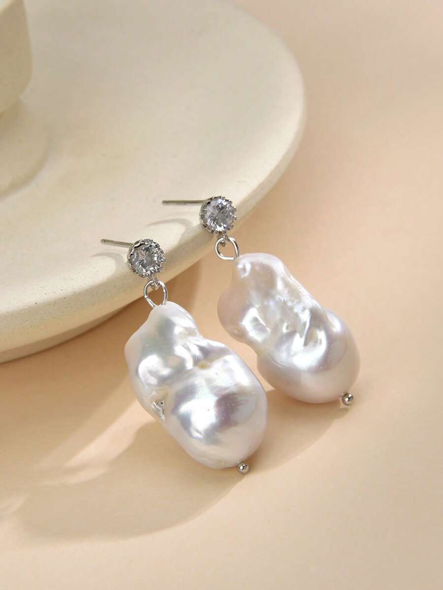 1 paire de boucles d'oreilles en argent sterling 925 pour femmes avec perle naturelle et zircone cubique. Cadeau pour la fête des mères, la Saint-Valentin, l'anniversaire, le mariage, les fiançailles, la mariée