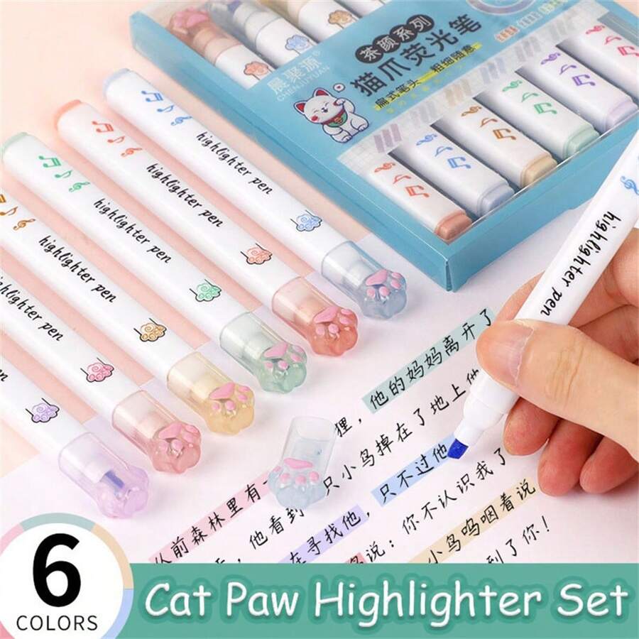 6 pezzi/confezione, evidenziatori a forma di zampe di gatto kawaii, colori pastello, pennarelli da disegno, penne fluorescenti, regalo di cancelleria, materiale scolastico carino, forniture scolastiche, ritorno a scuola