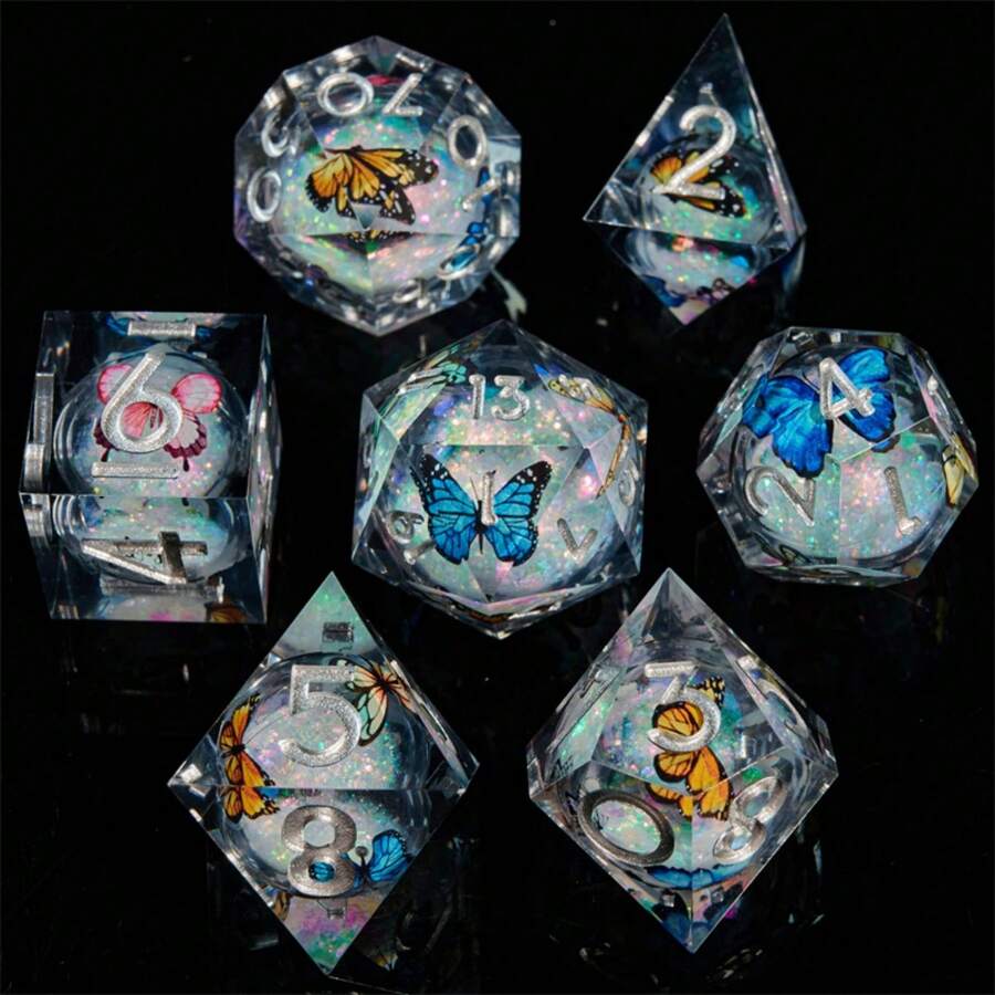 7pcs Butterfly Theme Resin Glitter Dice Set, Polyhedral Dice Suitable For Carnival, Board Games, Tabletop Dice, Birthday, Holiday Gifts, Ramadan, Christmas, Thanksgiving, Halloween