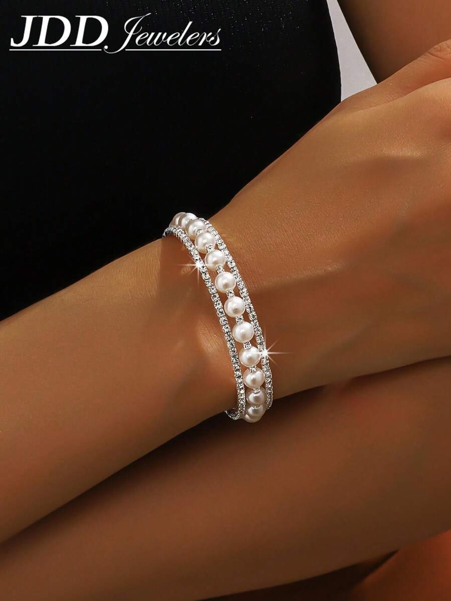 1pc Women's Multi-Layer Crystal & Pearl Bracelet, Minimalist & Practical