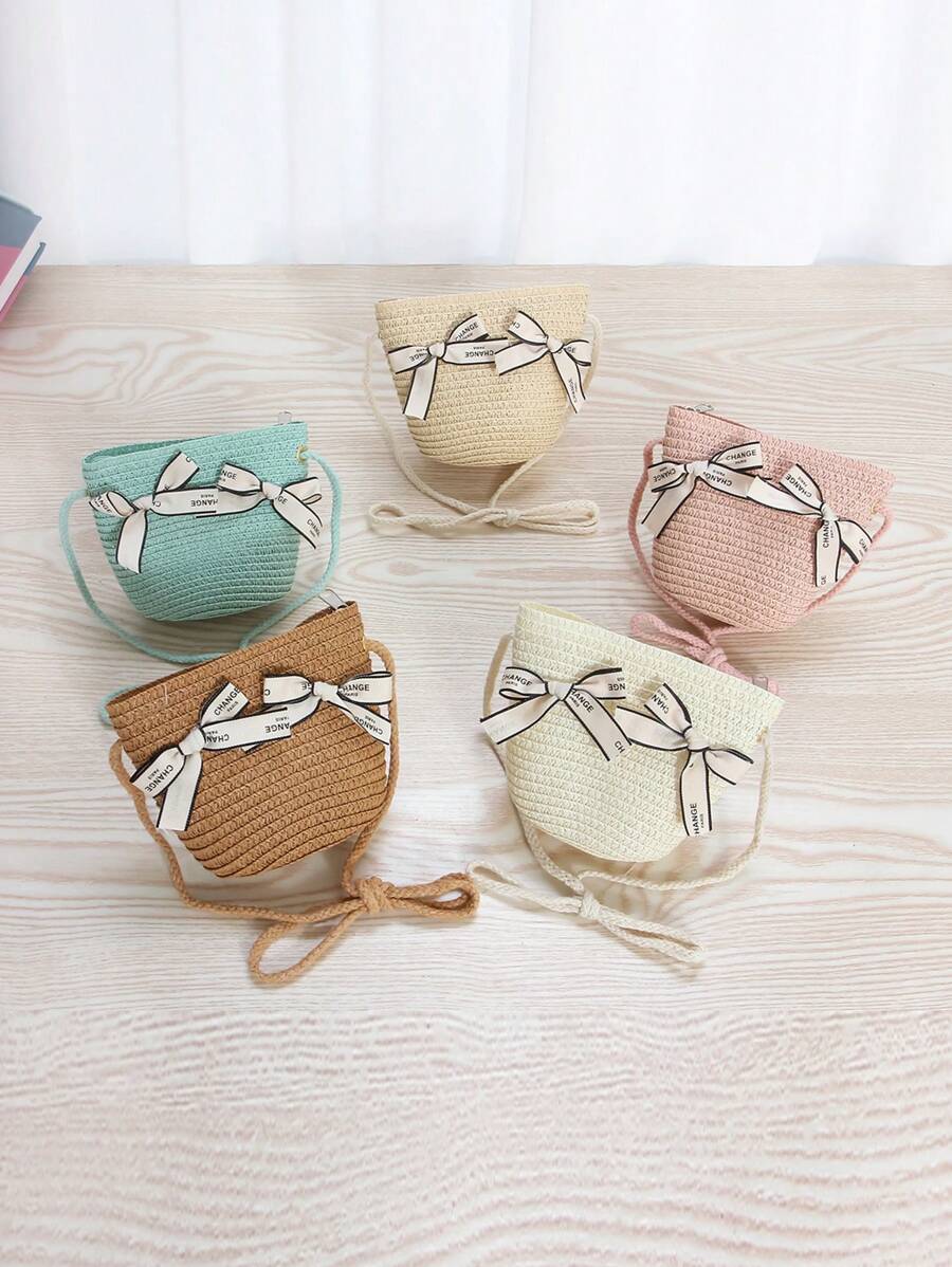 1 pieza Bolso de paja cruzado con lazo estilo princesa lindo para niñas, atuendo de princesa para usar en la playa y el día a día