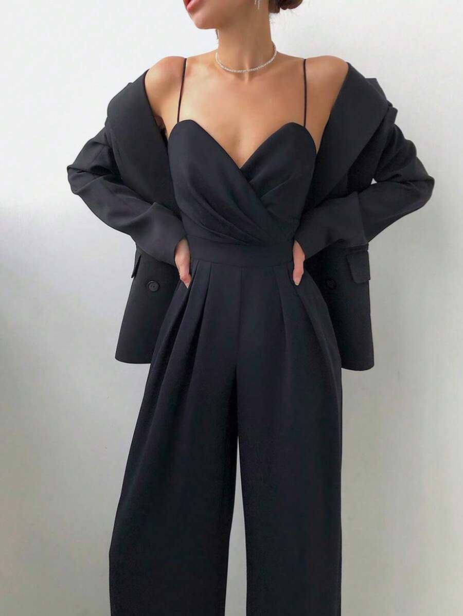 Las mujeres de color sólido sin espalda recta de pierna ancha de cintura a medida mono, elegante temperamento delgado pantalones conjunto de boda del partido / conferencia diaria elegante desgaste preferido