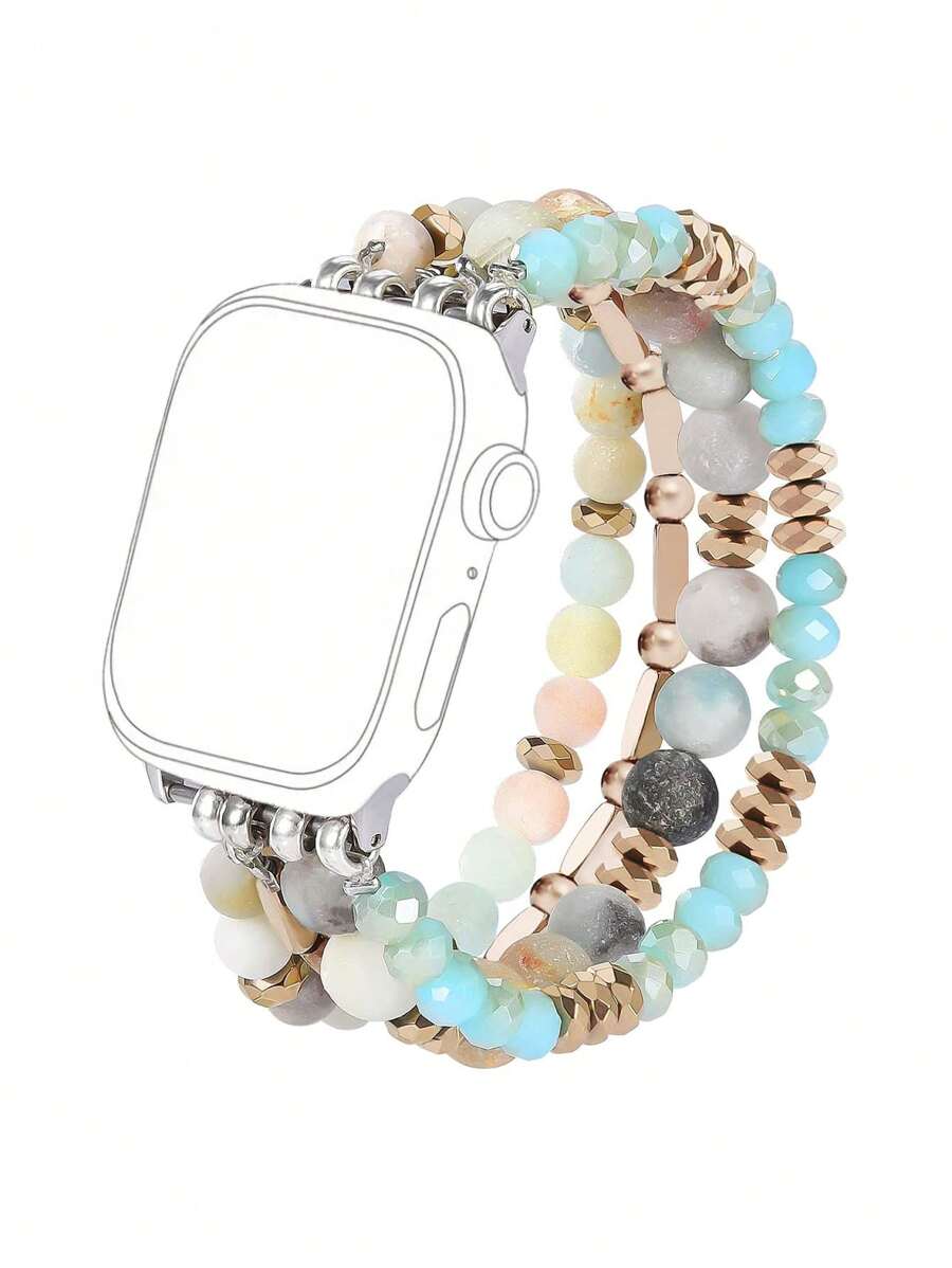 Beaded Boho Bracelet Compatible With Apple Watch Band 40mm/38mm/41mm Series 9 8 7 SE Series 6/5/4 Women Fashion Cute Handmade Crystal Beads Stretchy Watch Strap Compatible With Apple Watch Bands Series 3/2/1