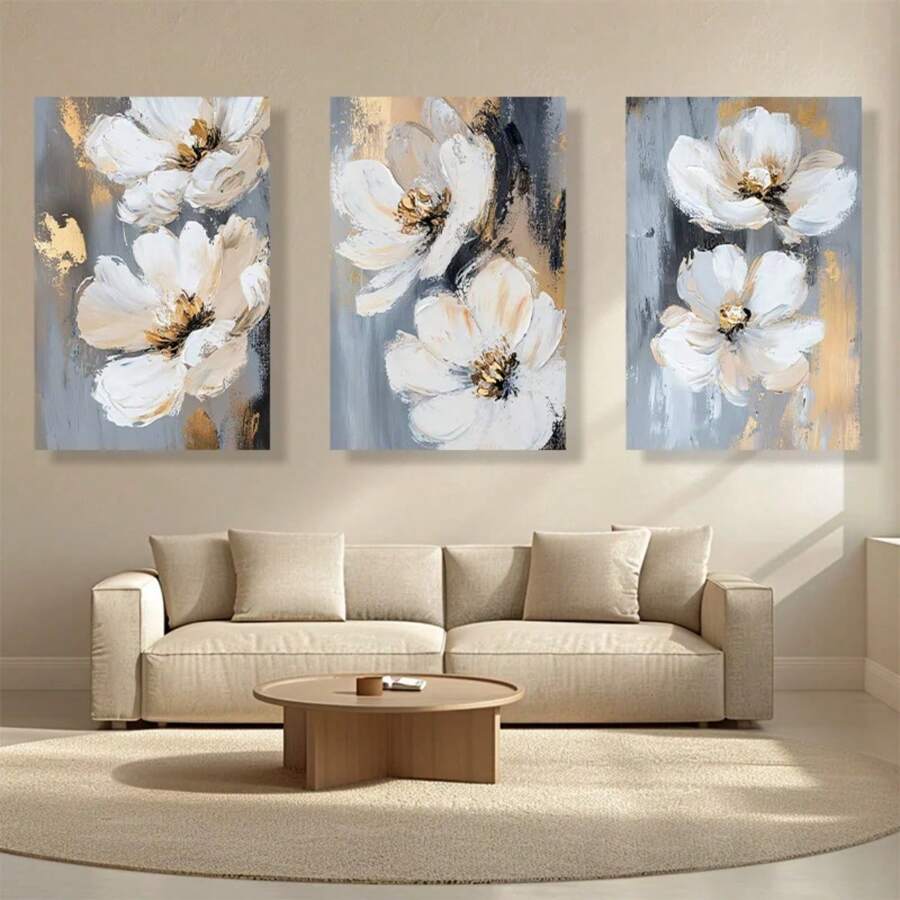 1 peça moderna e elegante, arte de parede floral abstrata, flores brancas com detalhes dourados para sala de estar, decoração de casa, pintura em tela, pôsteres, moldura opcional, arte de parede com moldura
